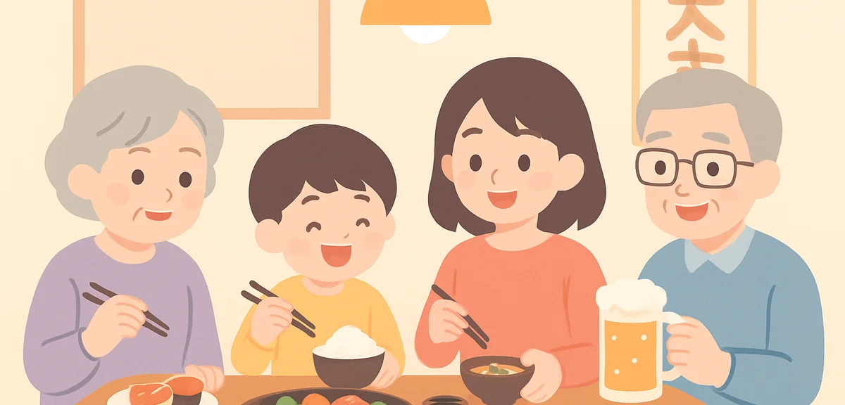 Family enjoying Japanese restaurant dinner together, three generations, warm atmosphere, celebratory