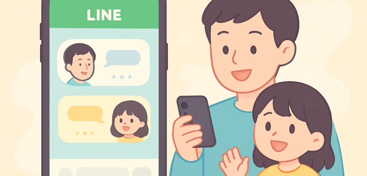 Smartphone showing LINE message conversation between father and child, modern communication, warm at