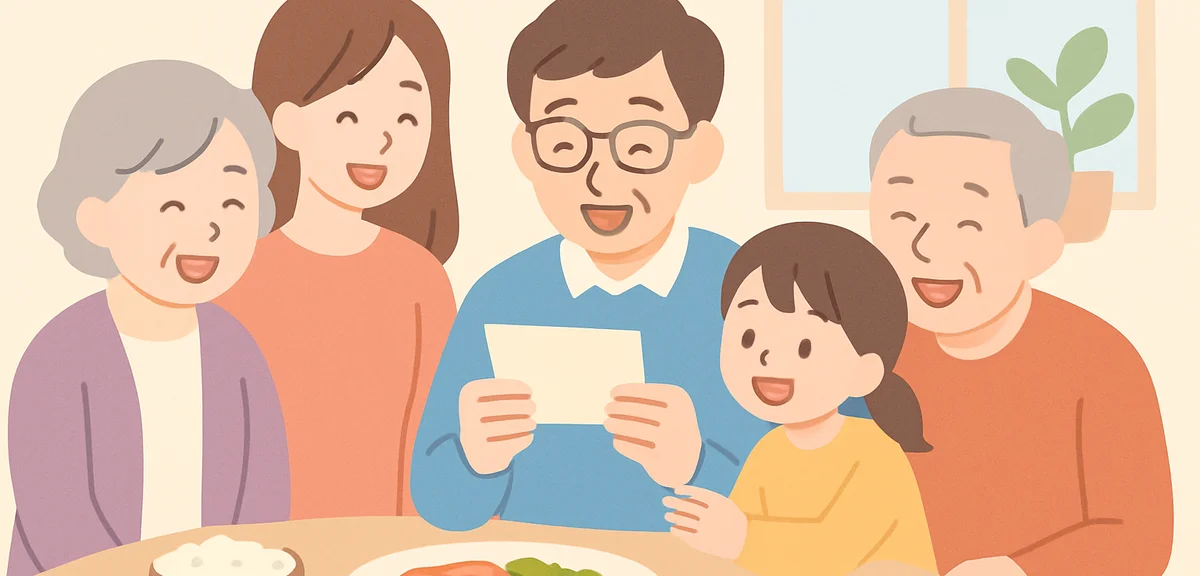 Family gathered around dinner table with father reading message card from child, three generations, 