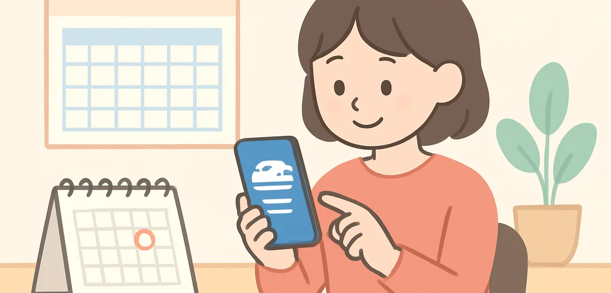 Person checking smartphone for shinkansen reservation app while sitting at home desk with calendar, 