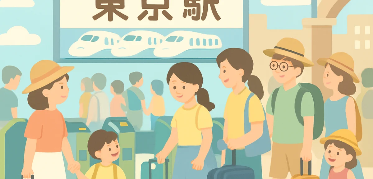 Tokyo Station shinkansen ticket gate area crowded with summer travelers during Obon period, families