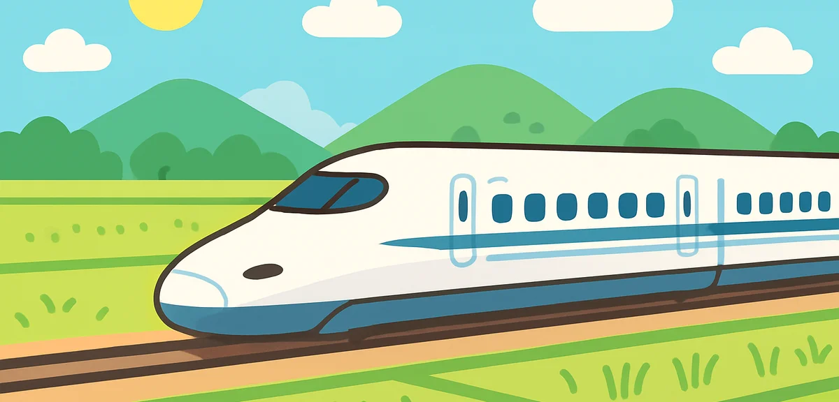 Shinkansen bullet train traveling through summer countryside landscape with green rice fields, blue 
