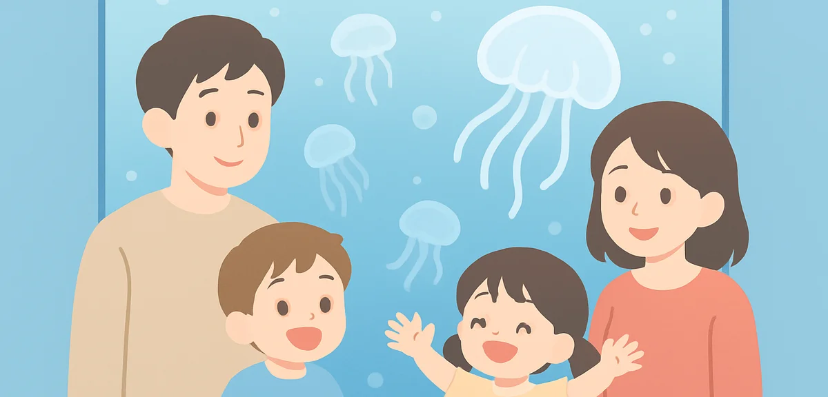 Family with children at modern Japanese aquarium watching jellyfish, kids excited, soft blue lightin