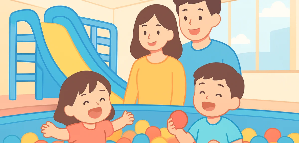 Family enjoying indoor playground with ball pits and slides, kids laughing, modern facility design, 