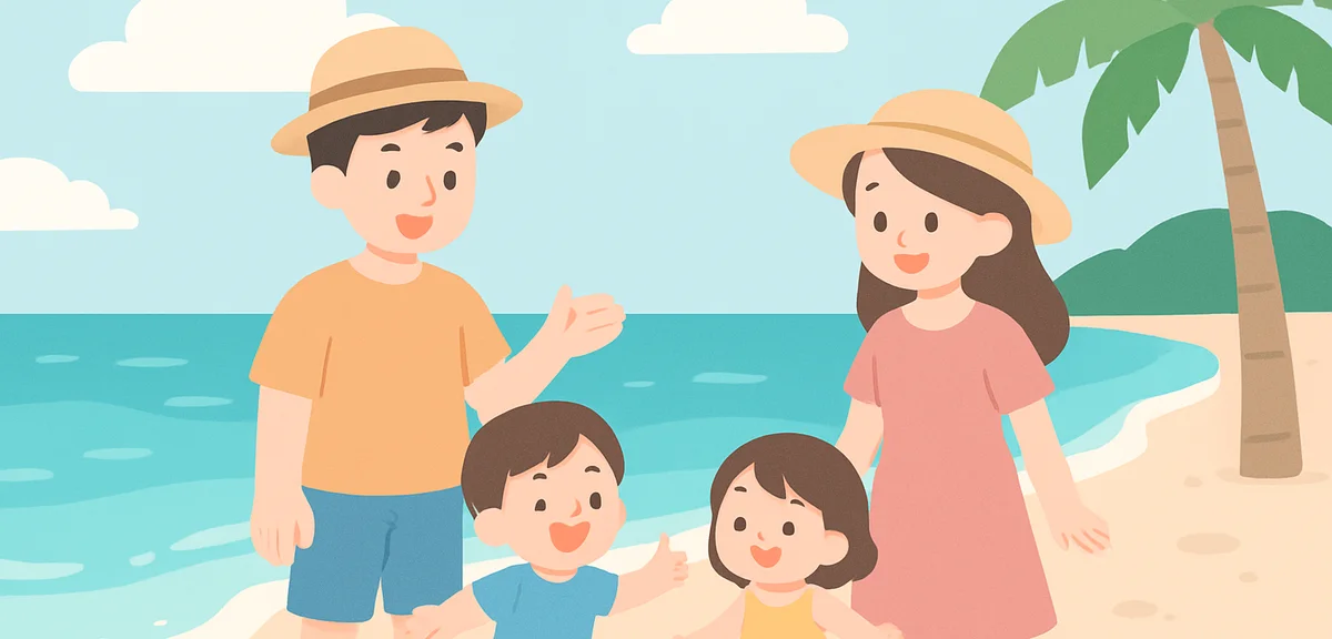 Beautiful Okinawa beach with crystal clear water and white sand, family enjoying summer vacation, pe