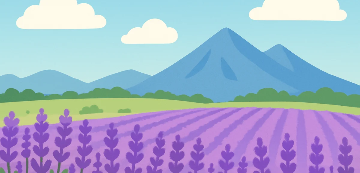 Hokkaido summer landscape with lavender fields and mountains, vibrant purple flowers, blue sky