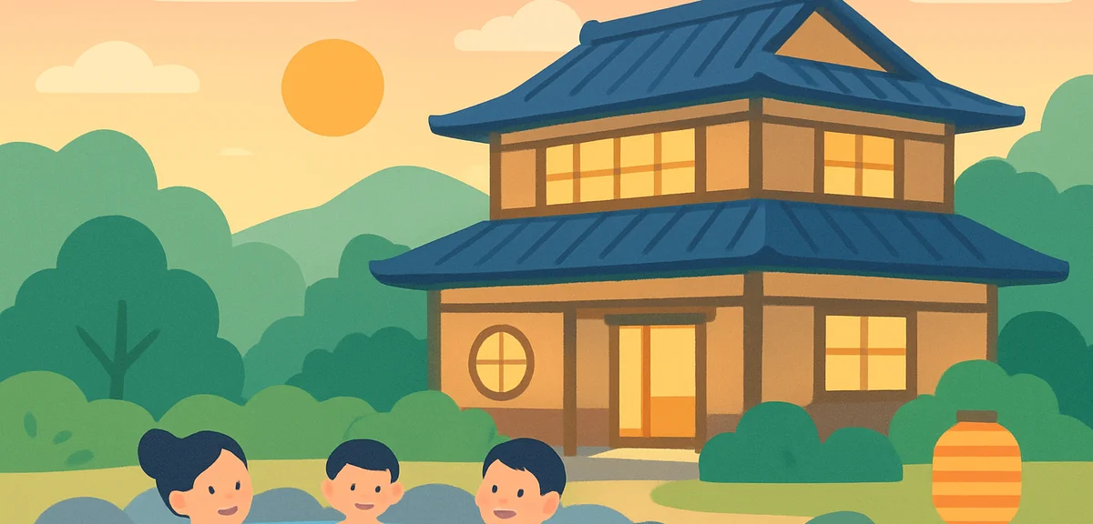 Japanese hot spring ryokan during summer evening with traditional architecture, peaceful atmosphere