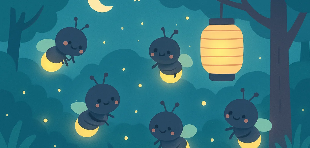 Japanese fireflies glowing in dark forest at night, magical atmosphere, traditional Japanese summer 