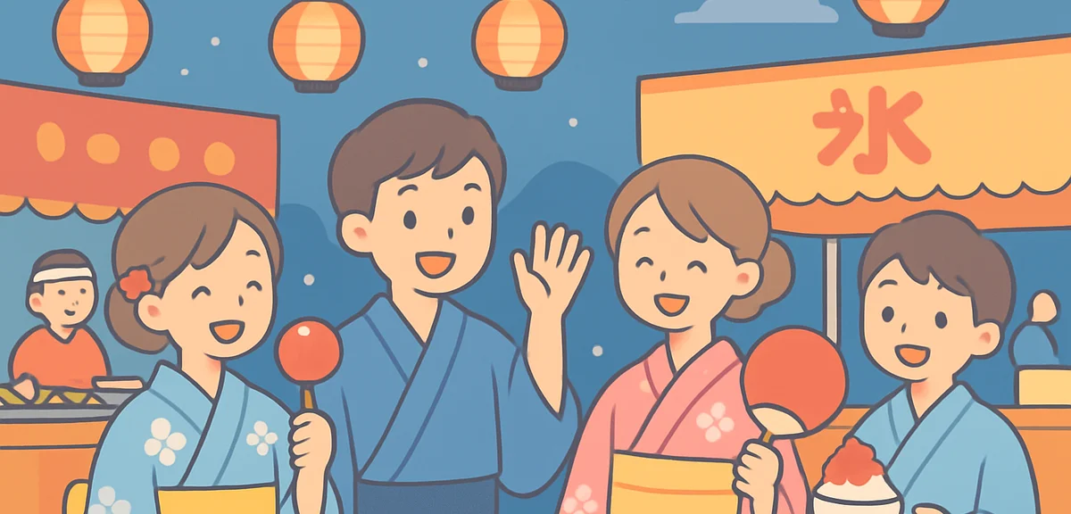 Crowd enjoying summer festival in Japan with traditional yukata, lanterns, food stalls, festive even