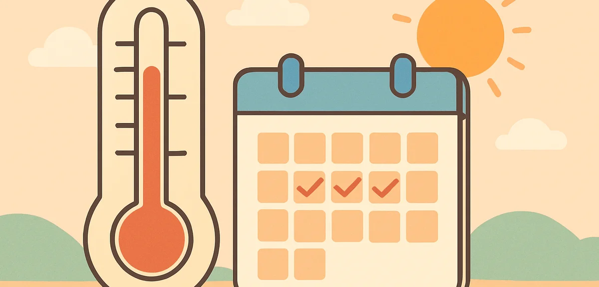 Vintage thermometer showing rising temperature next to calendar marked with Golden Week dates, clima