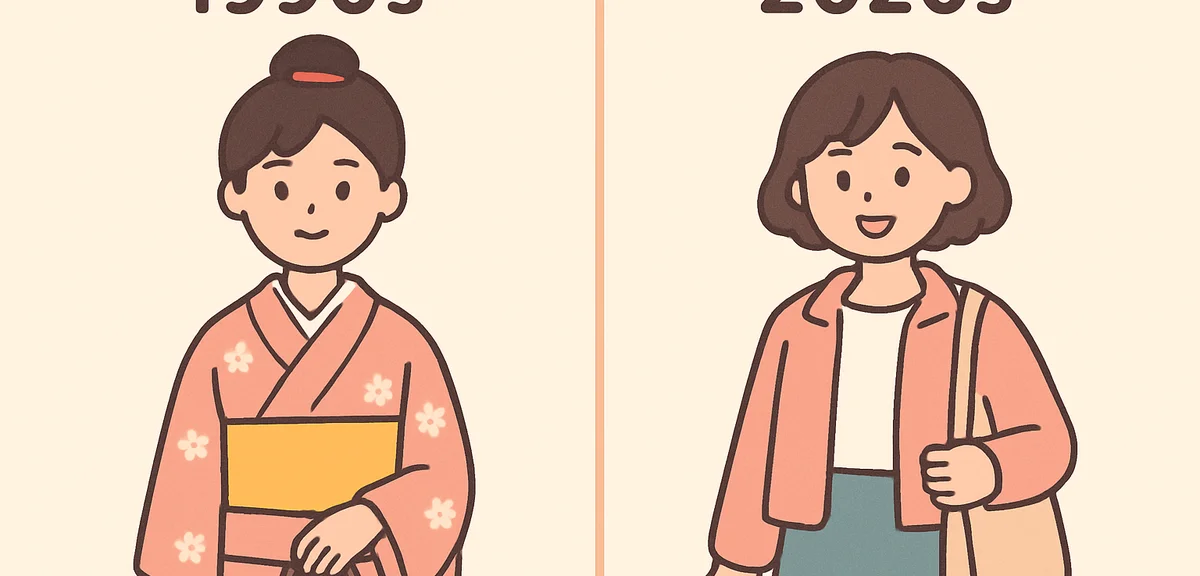 Comparison of Japanese spring fashion from 1990s and 2020s, traditional vs modern clothing, fashion 