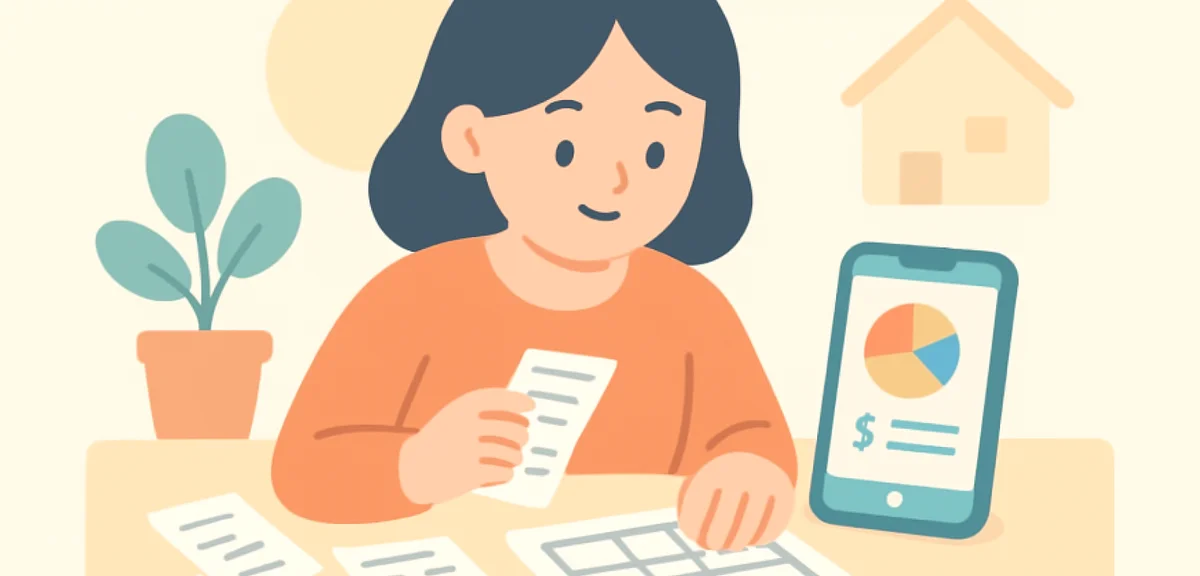 Person organizing receipts and household budget on desk with smartphone budgeting app open, focused 