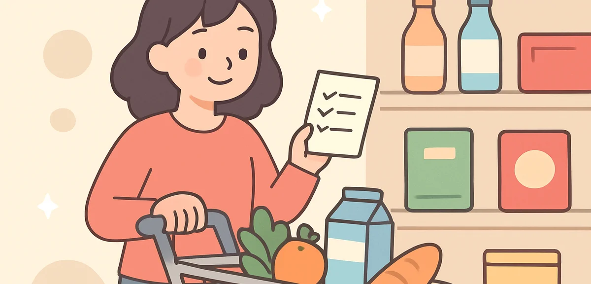 Person grocery shopping with budget list, choosing affordable items, smart shopping concept, modern 