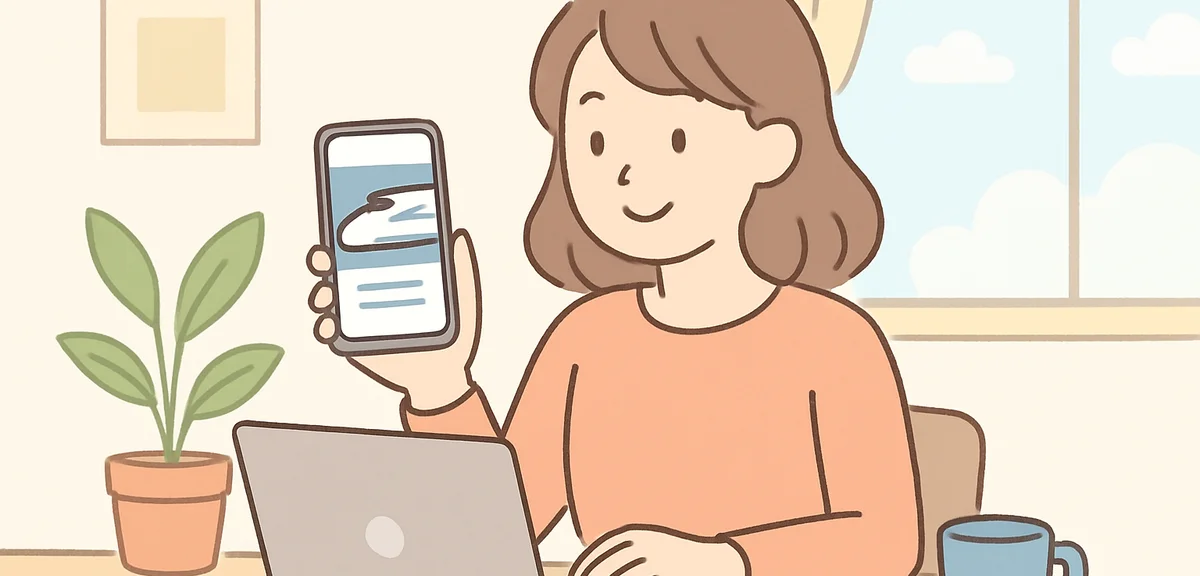 Person checking smartphone Shinkansen reservation app at home office, focused on planning, soft natu
