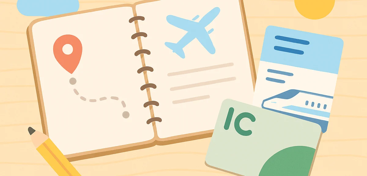 Shinkansen ticket and IC card on wooden table with travel planning notebook, organized travel prepar