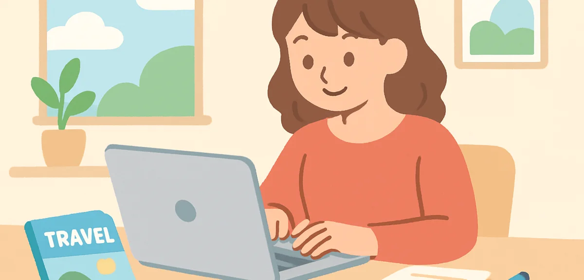 Person searching hotel reservation on laptop with travel guides, focused planning, natural daylight
