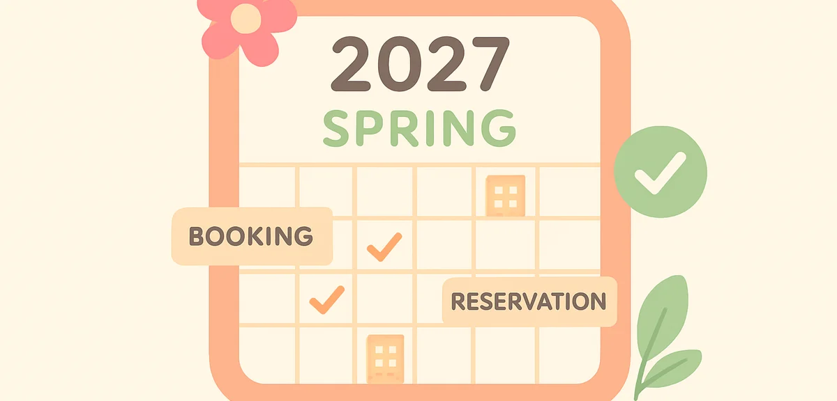 Calendar showing 2027 spring with hotel booking notes and reservation confirmations, organized plann