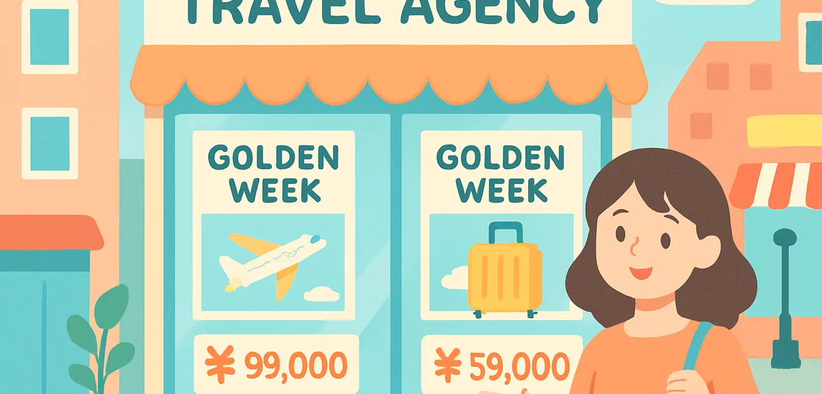 Travel agency window display with Golden Week travel posters and price tags, bright shopping distric