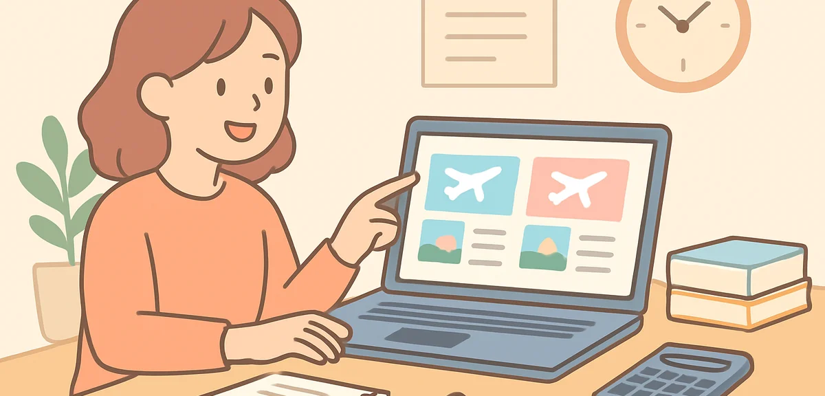 Person comparing travel websites on laptop with notes and calculator, organized planning workspace