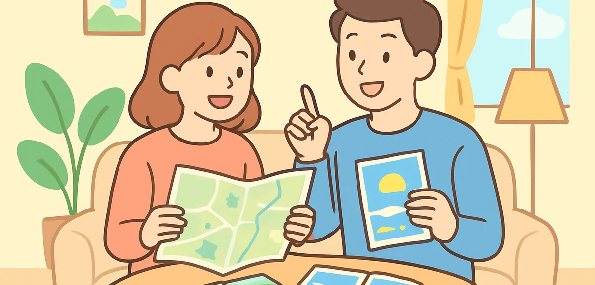 Couple discussing travel plans with map and brochures, excited expressions, cozy living room