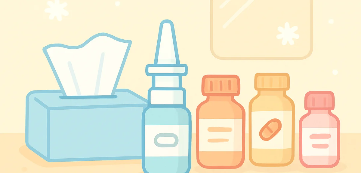 Various allergy medication bottles and tissue boxes on bathroom counter, allergy management items, s
