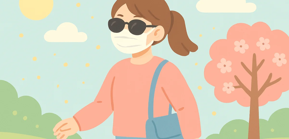 Person wearing face mask and sunglasses walking outside during spring, pollen protection concept, na