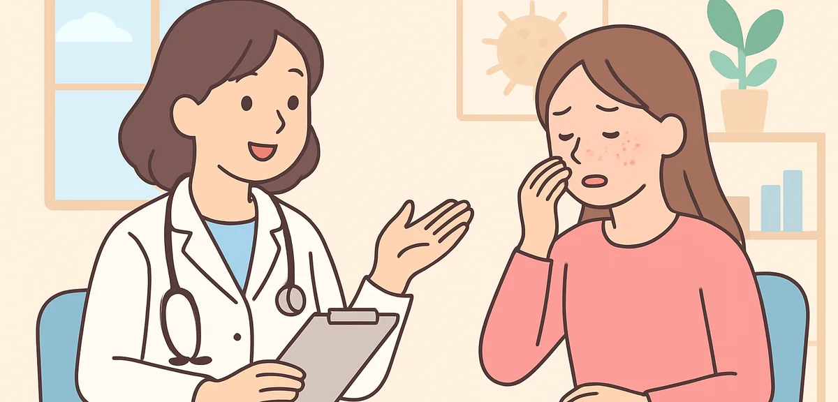 Doctor consulting patient with allergy symptoms in modern Japanese clinic, supportive medical enviro
