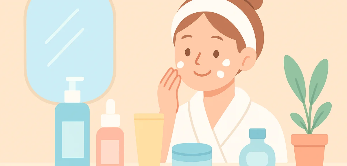 Skincare products neatly arranged on bathroom counter, gentle morning skincare routine, clean aesthe