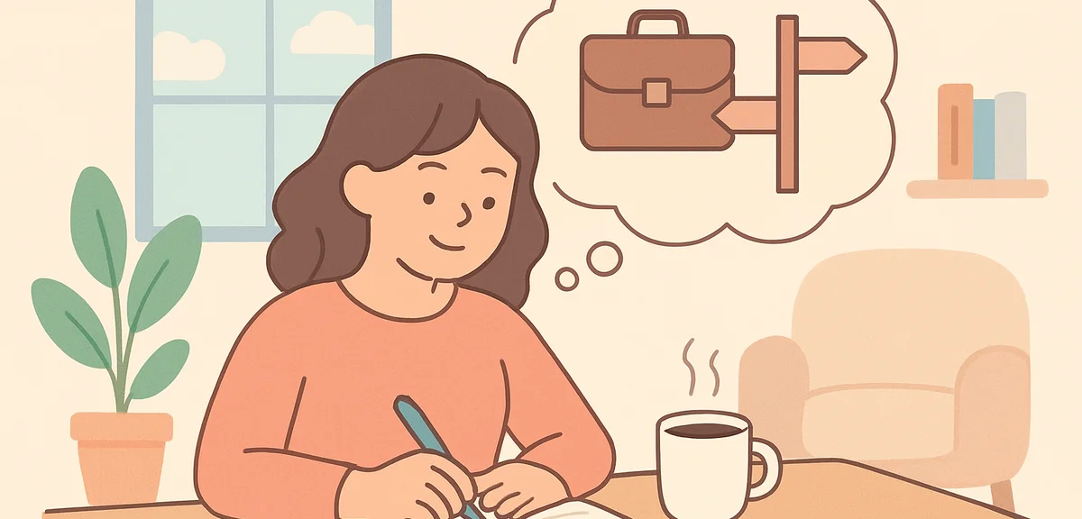 Person writing in journal at home with coffee, reflecting on career decisions, cozy atmosphere