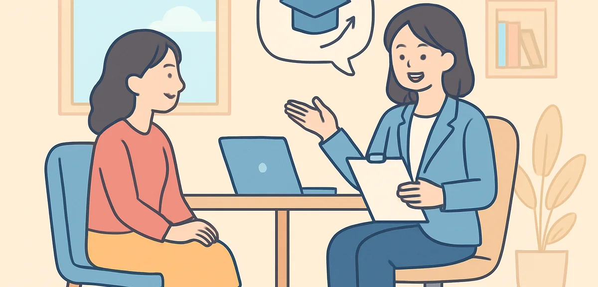 Career counselor consulting with client in modern office, professional supportive atmosphere