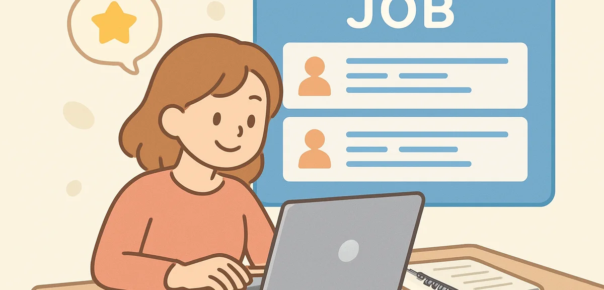 Person browsing job opportunities on laptop with notebook nearby, organized career planning