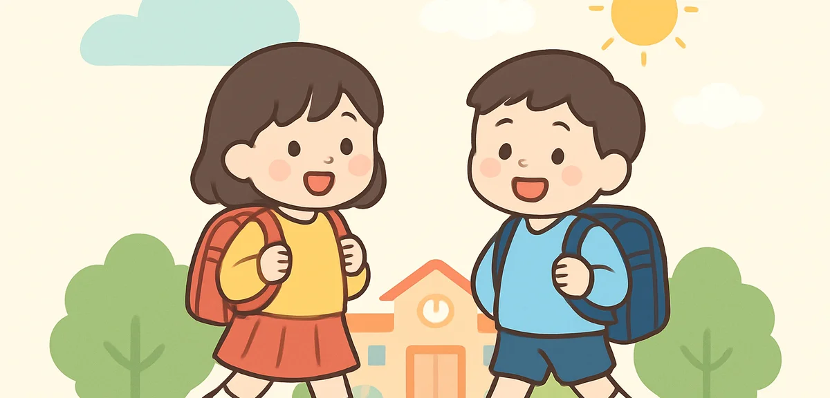 Japanese elementary school children walking to school with backpacks, morning scene, peaceful atmosp