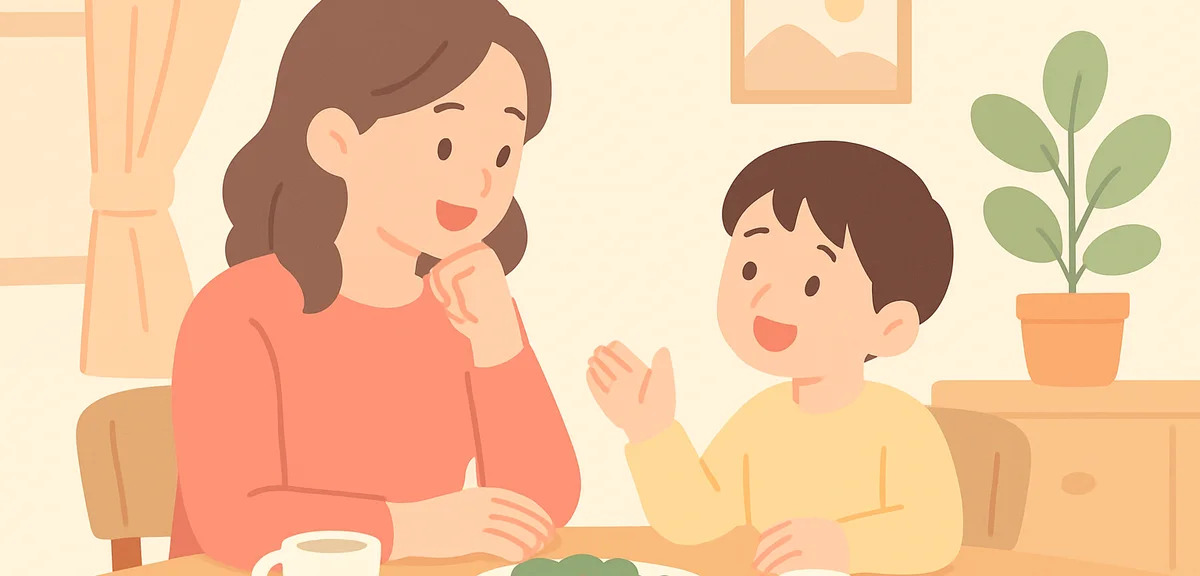 Parent and child having gentle conversation at home dining table, supportive family scene, warm inte