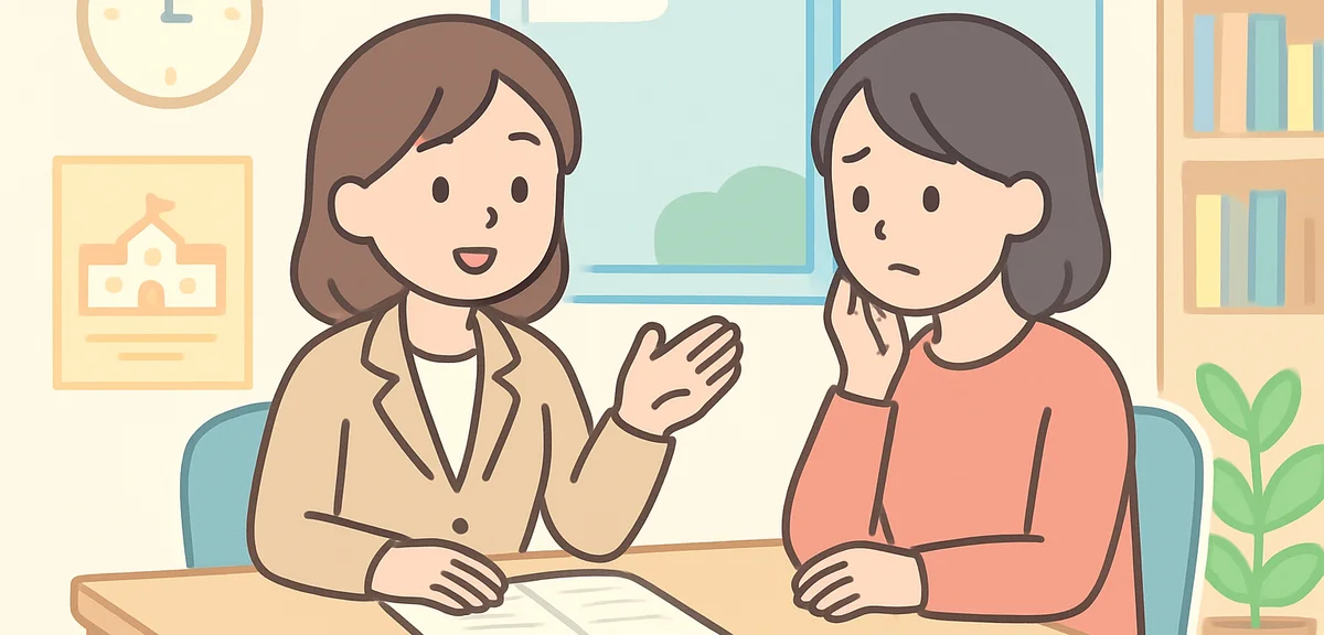 School counselor consulting with concerned parent in modern Japanese school office, supportive profe