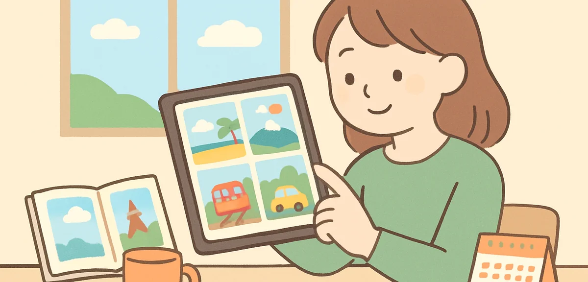 Person reviewing photos and travel memories from Golden Week vacation on tablet, nostalgic atmospher