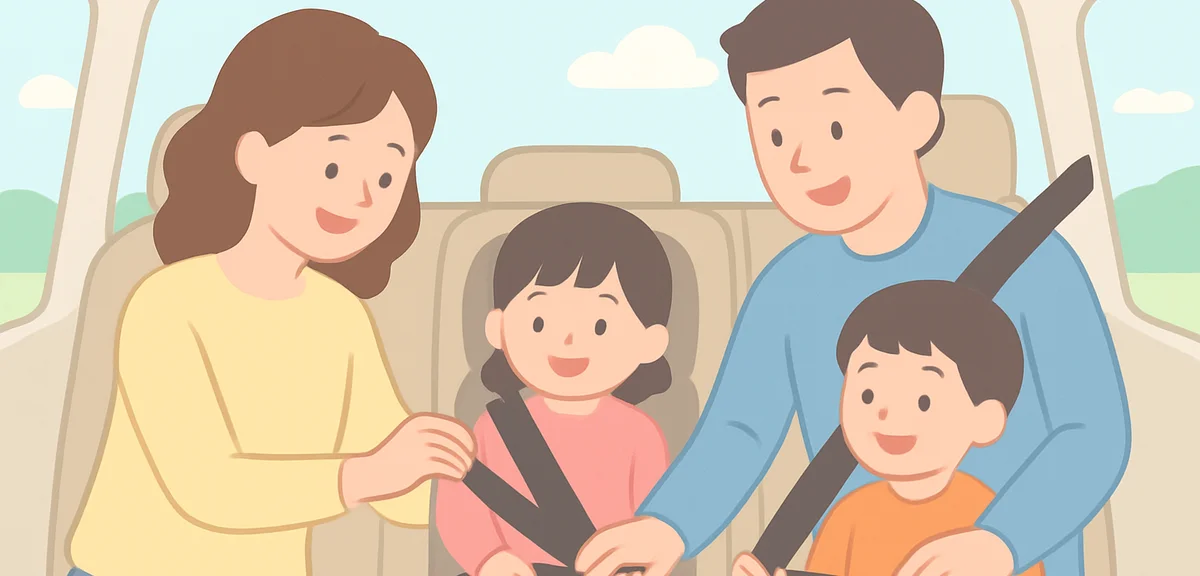 Family safely buckling up car seatbelts before departure for Golden Week travel, careful preparation