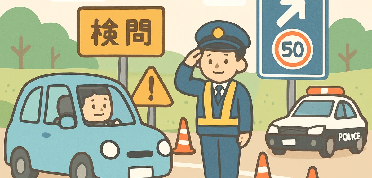 Police checkpoint and traffic safety signs on Japanese highway during Golden Week, safety enforcemen