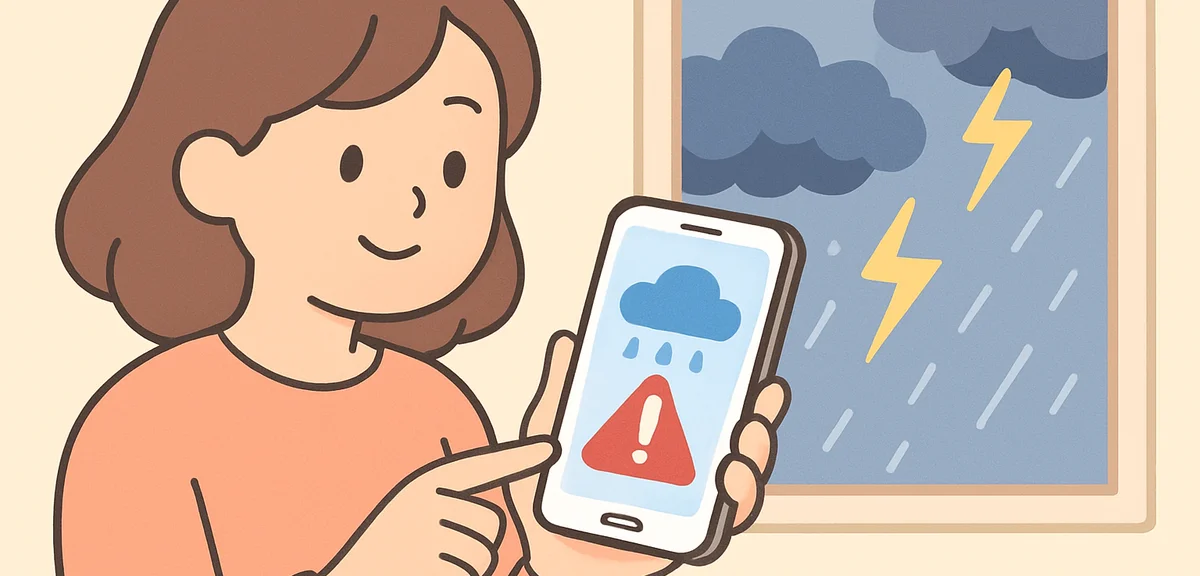 Person checking weather warning app on smartphone with dramatic clouds outside window, weather alert
