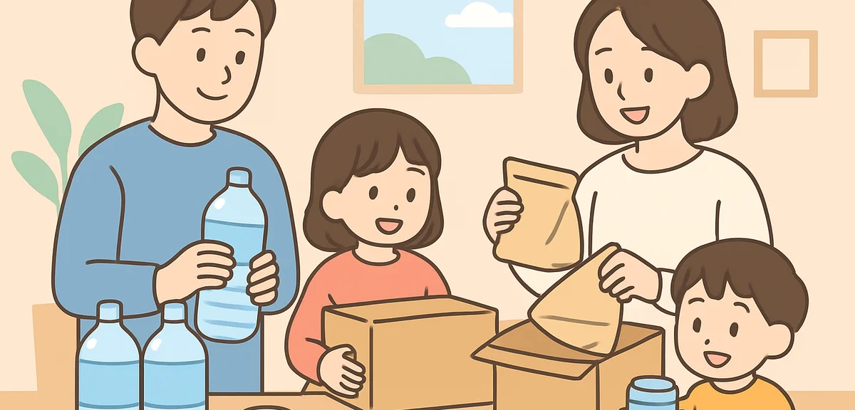 Family preparing emergency supplies including water and food at home, disaster preparedness scene