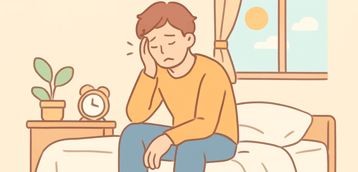 Tired person sitting on bed in morning unable to get up, soft natural light, fatigue concept