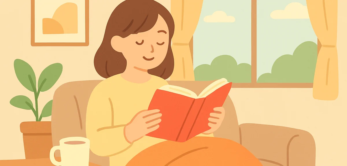 Person enjoying calm Sunday afternoon at home with book, peaceful atmosphere, warm lighting