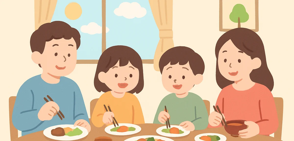 Family eating dinner together on Golden Week last day, warm family atmosphere