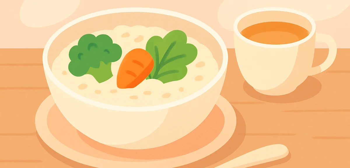 Bowl of porridge with vegetables and tea on wooden table, gentle digestive food, soft lighting