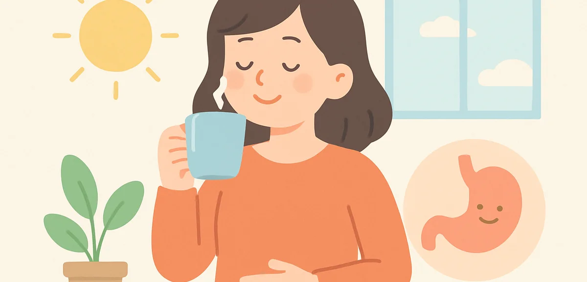 Person drinking warm water in morning, gentle stomach care routine