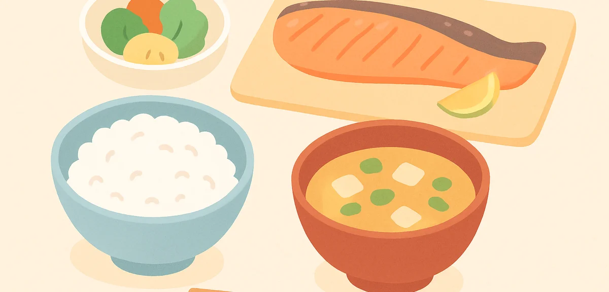 Healthy Japanese breakfast with miso soup, rice, and grilled fish, balanced meal