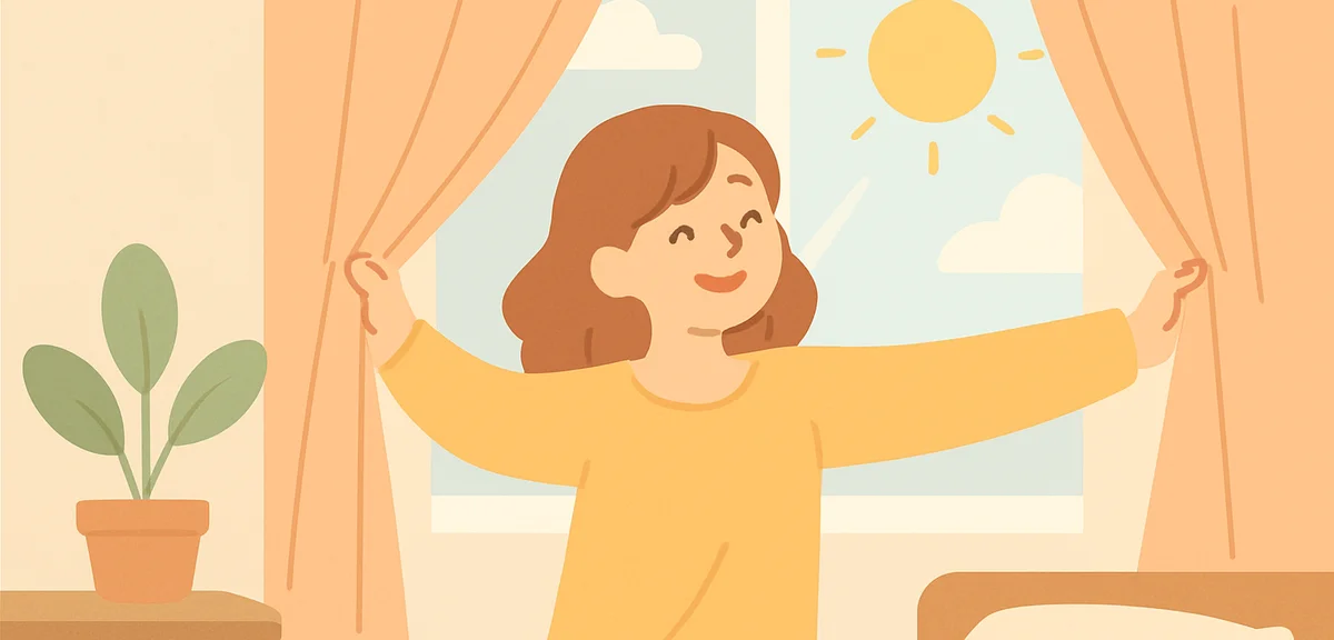 Person opening curtains in bedroom letting morning sunlight in, refreshing morning routine