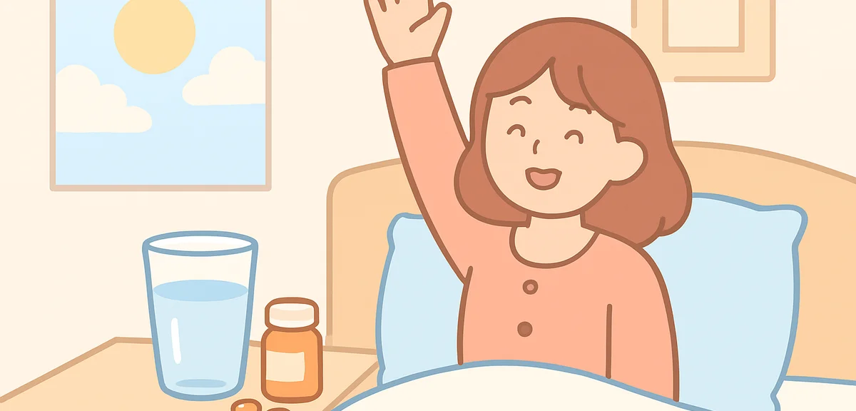 Glass of water and morning vitamins on bedside table, healthy wake-up routine