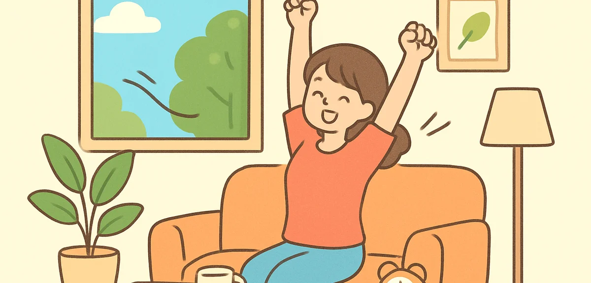 Person doing morning stretches in living room with fresh air, energizing start of day