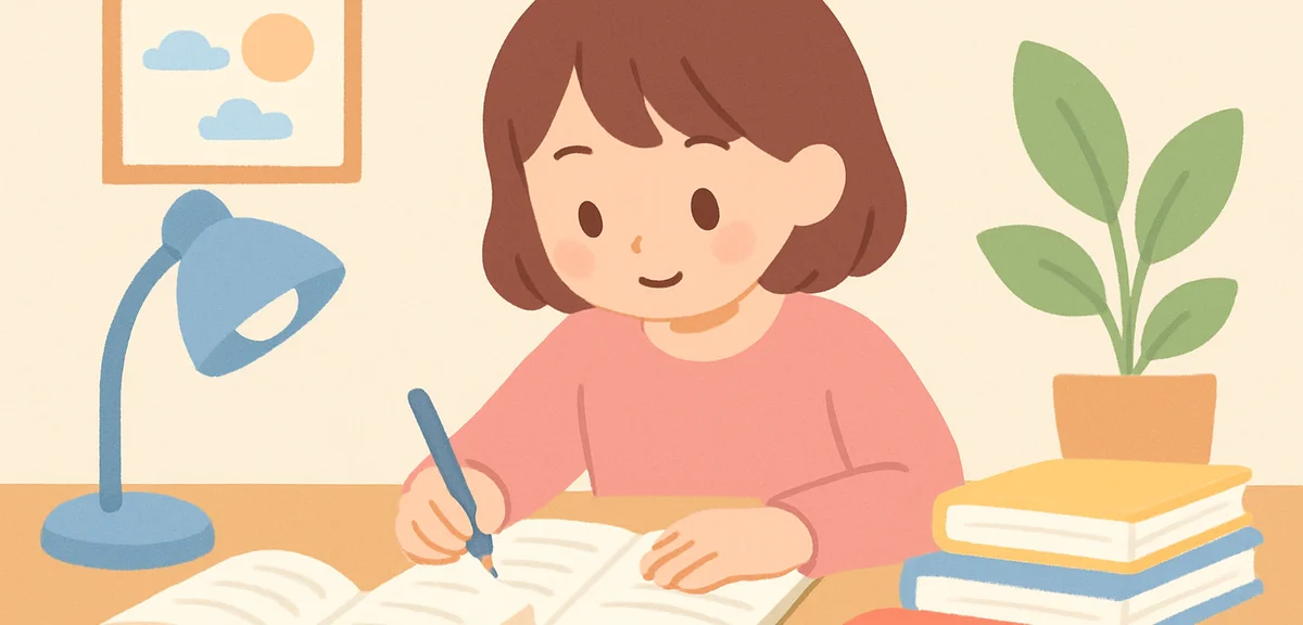 Notebook and textbooks spread on desk with focused child studying, school work environment