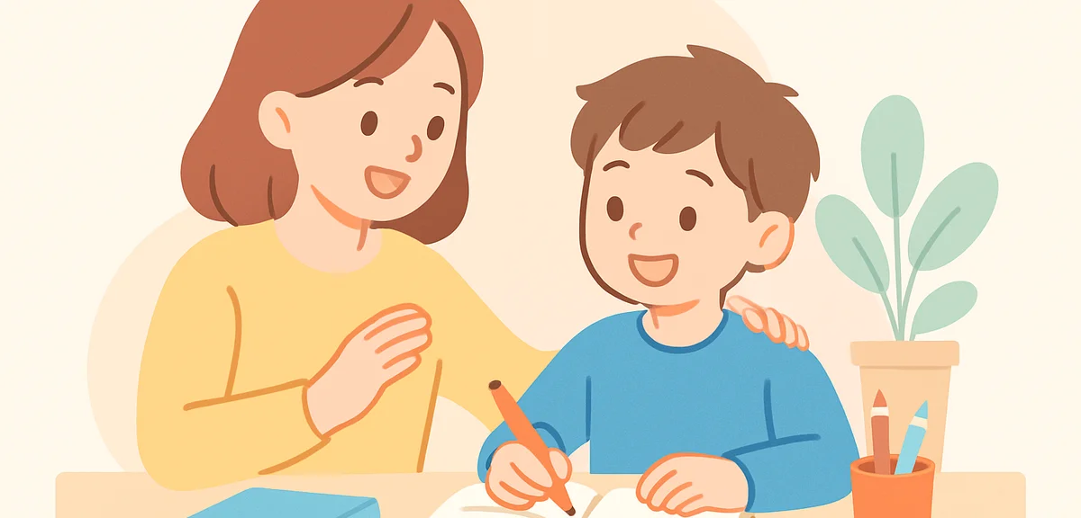 Parent gently encouraging child during study time, supportive family moment